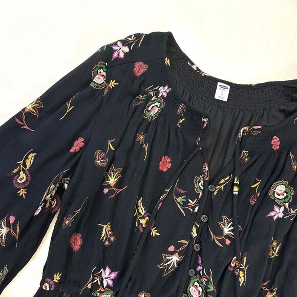 Old Navy Black Floral Prairie Peasant Midi Dress Buttons Sz L Boho Cottage Fairy - Picture 2 of 4